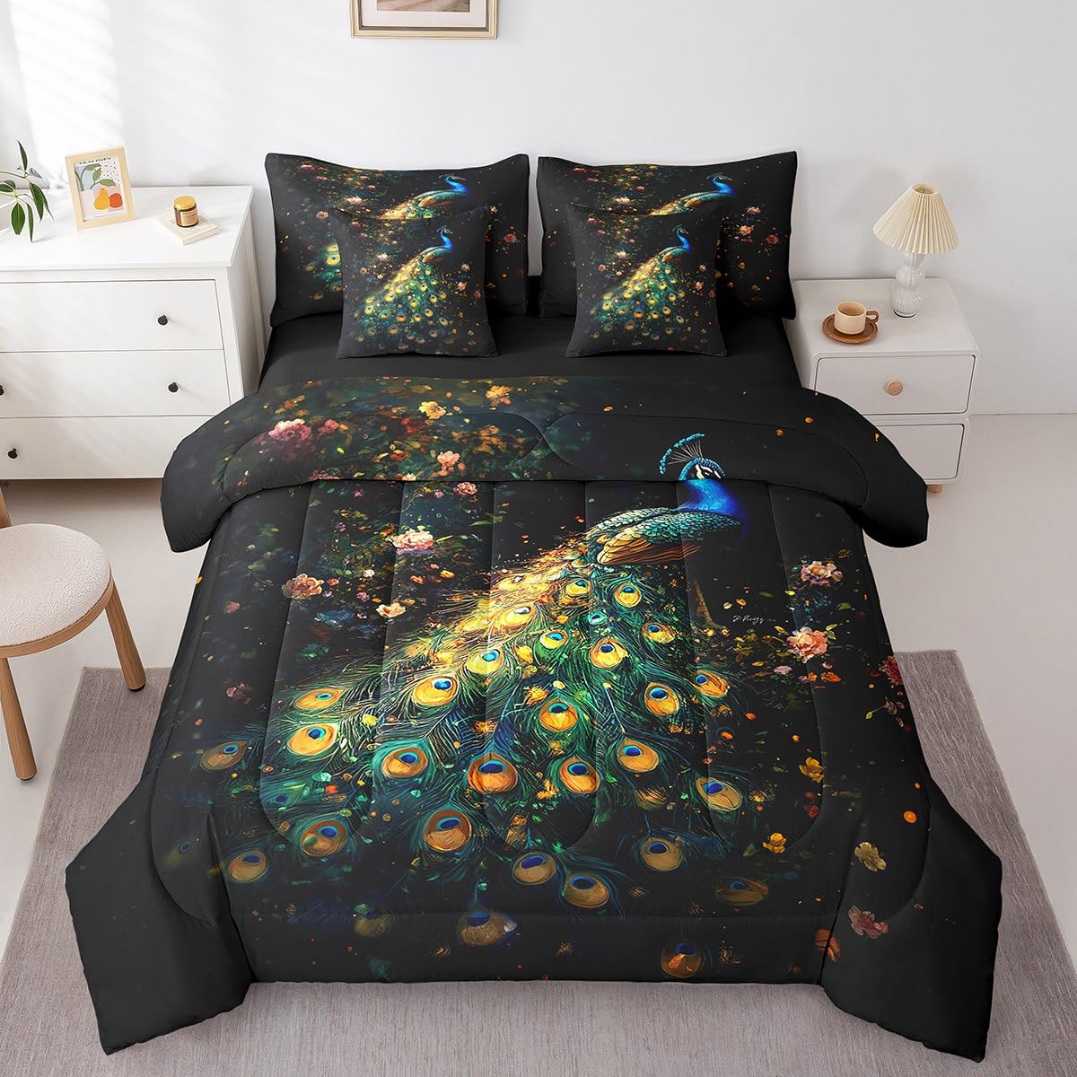 Erosebridal Peacock Comforter Set King Size,Oil Painting Peacock Bird Bedding Set for Kids Teens,Groovy Floral (Comforter+Fitted+Flat Sheet+2 Pillowcases+2 Throw Pillow Covers) 7 Pieces Bed Set