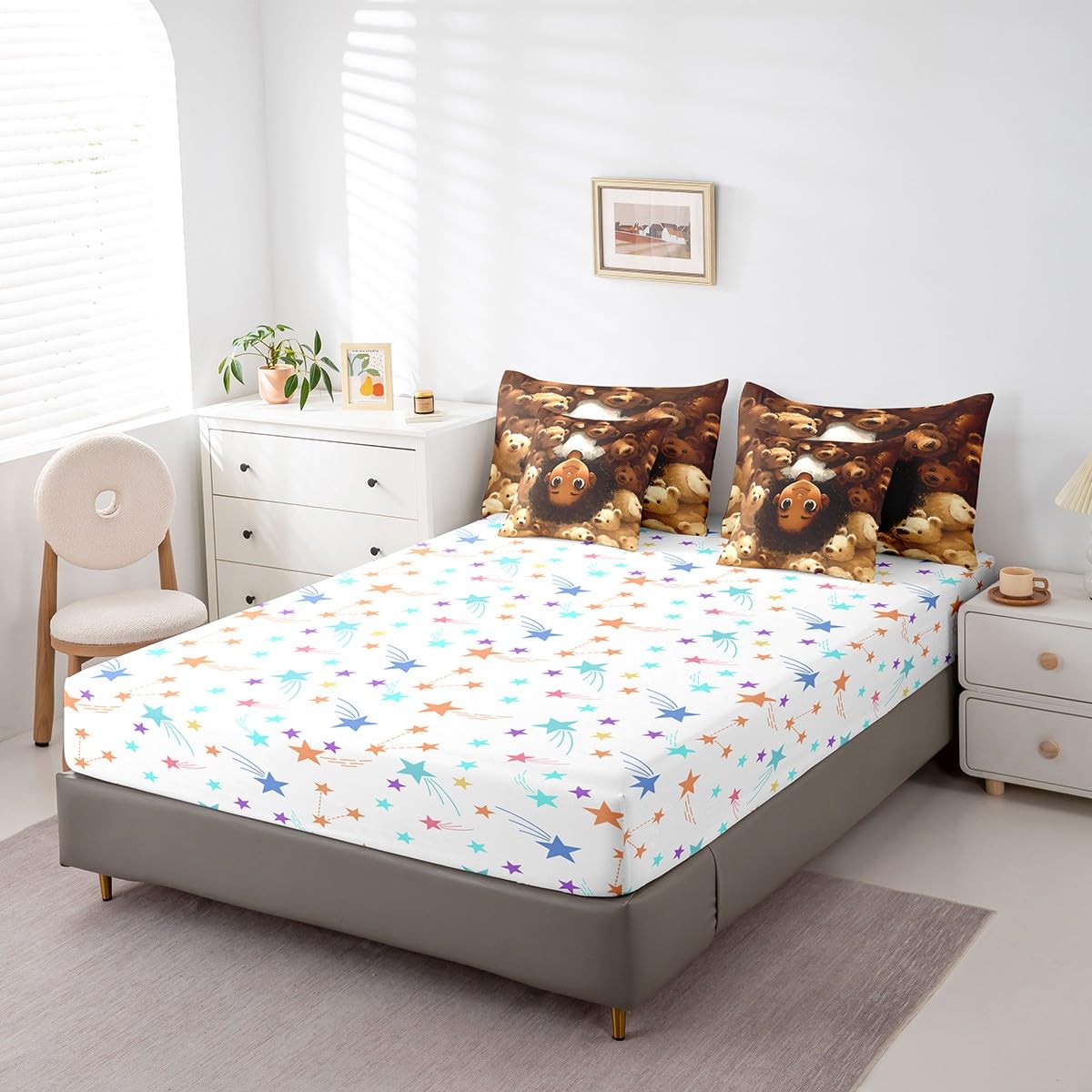 jejeloiu Kids Cute Black Girl Comforter Set 7 Pieces Full Size African American Girl Bedding Set for Boys Girls Bear Bed in a Bag with Comforter, Sheets, Pillowcases & Cushion Covers（No Glitter）