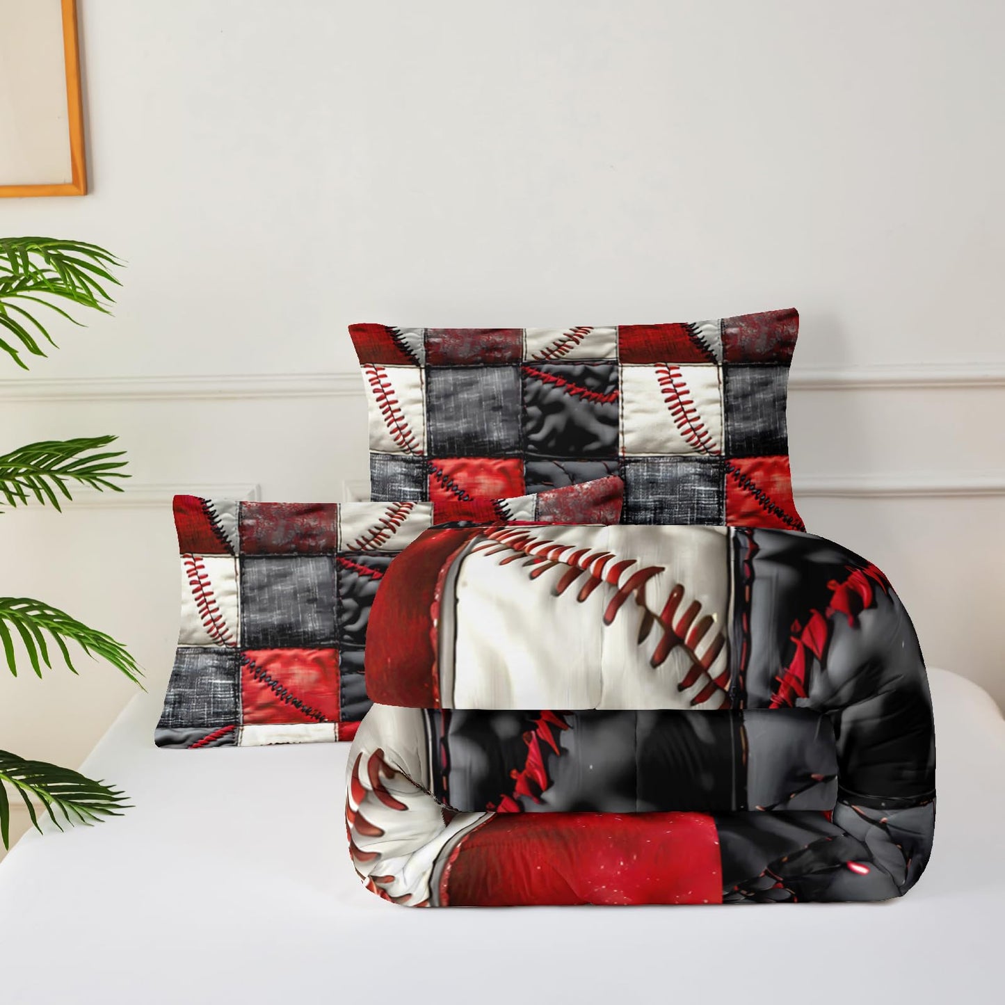 lneffble Red and Black Plaid Comforter Set Twin，Baseball Bedding Set Twin Red and Black，Sport Quilt for Boys，with 1 Comforter with 2 Pillow Case