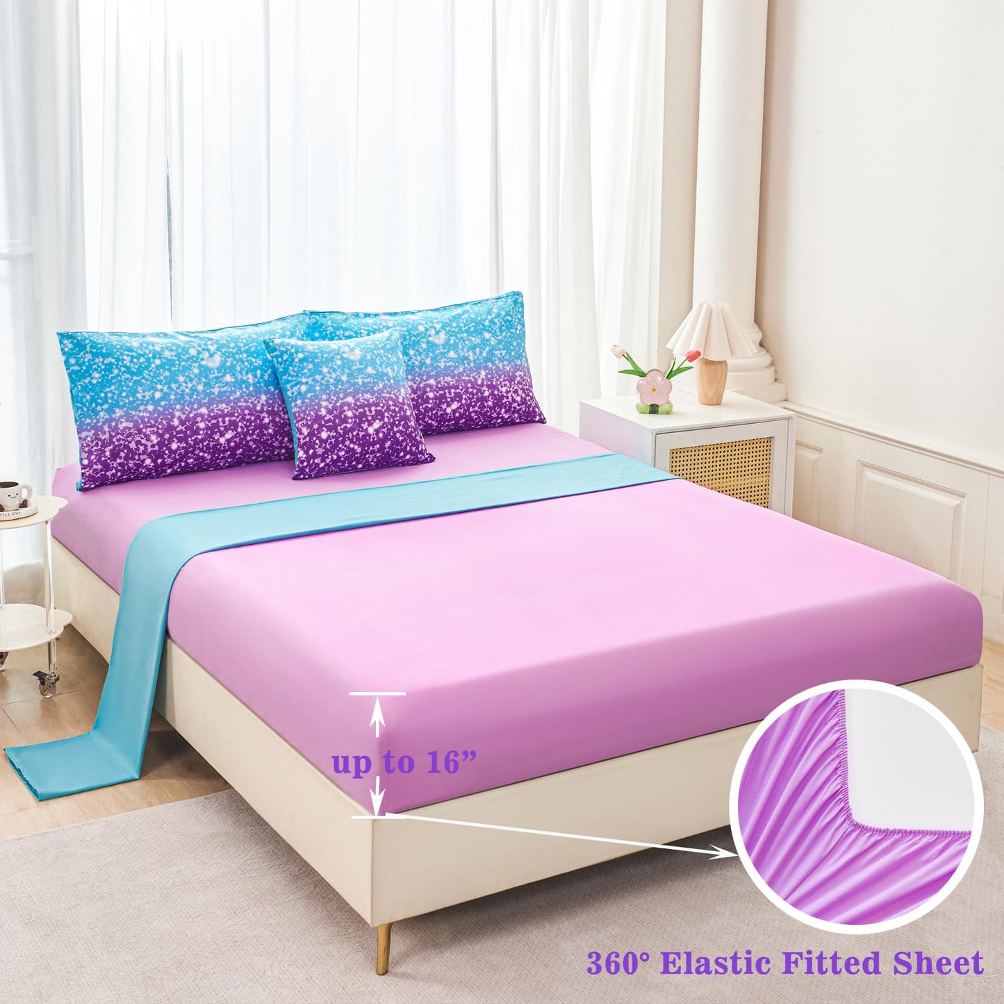 RYNGHIPY Blue Purple Girls Bedding Set 3D Colorful Galaxy Starry Comforter Sets for Girls Kids Twin Lightweight Soft Rainbow Bed in A Bag