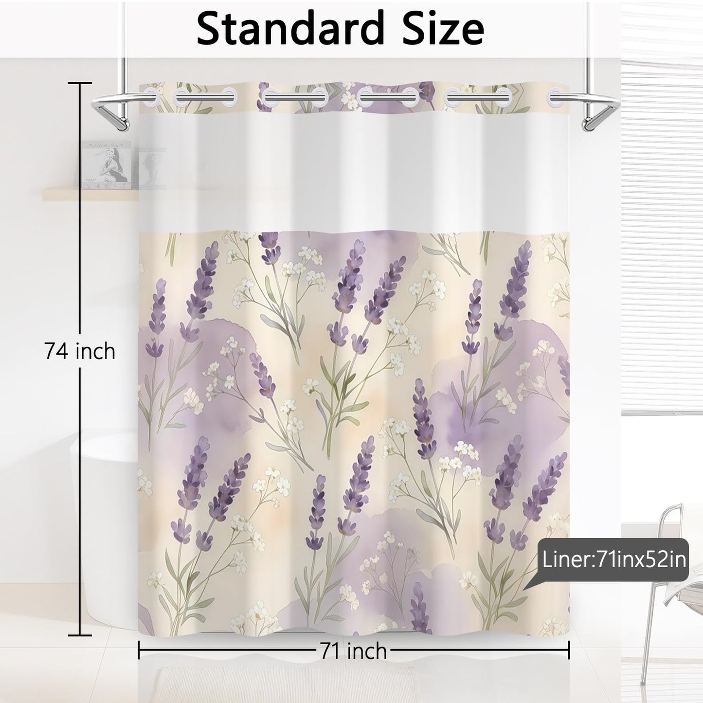 NAEMBCU Watercolor Lavender Shower Curtain with Snap in Liner 71 x 74 Inch