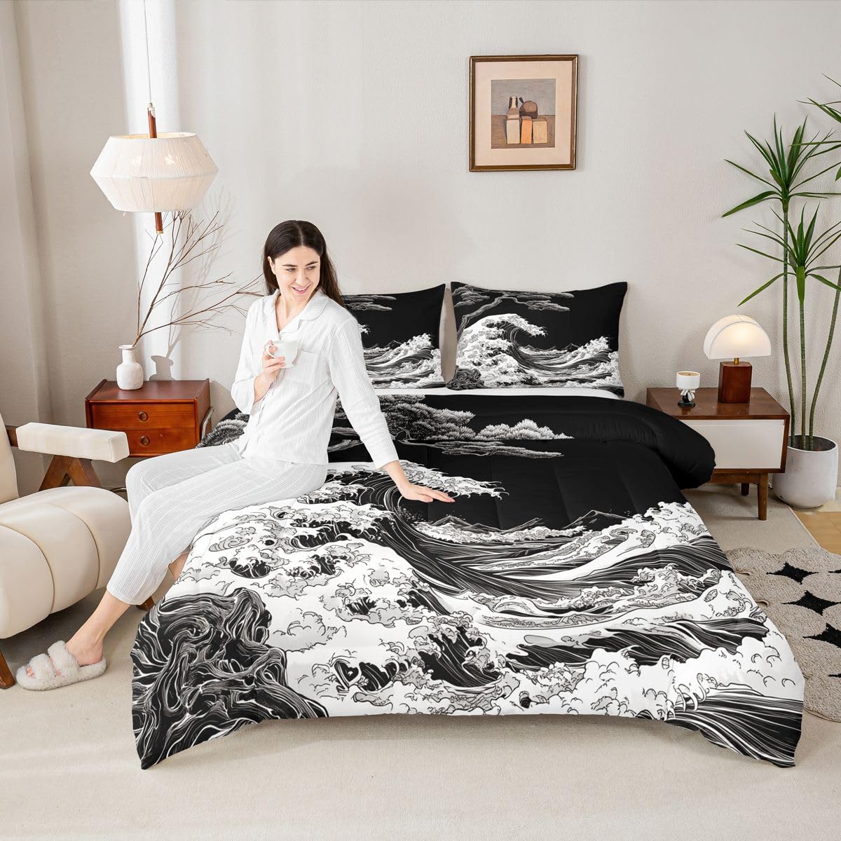 jejeloiu Wave Comforter Set All Season Japanese Style Bedding Set with 2 Pillow Cases Ocean Wave Microfiber Kids Queen Bedclothes Bedroom Decor Duvet Quilt Breathable Soft Lightweight