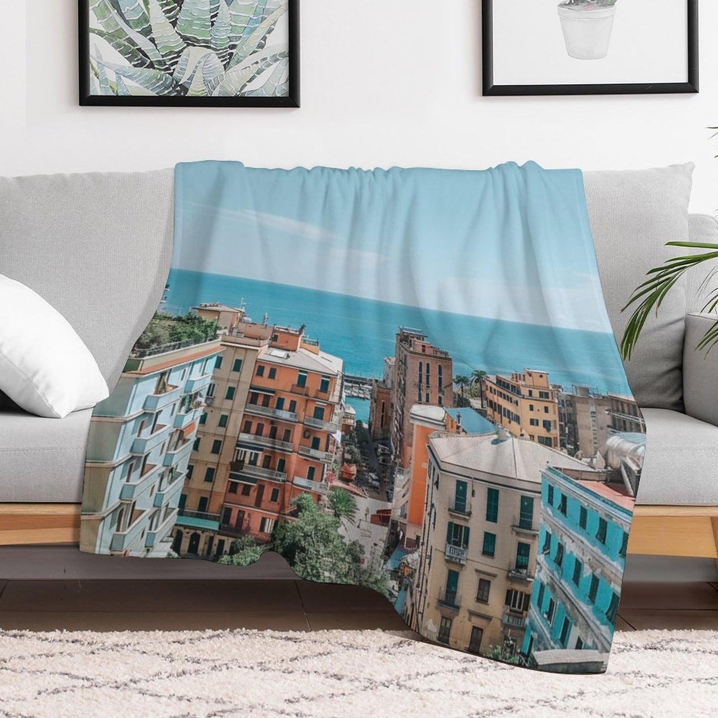 HDESDIS Coastal Cityscape Throw Blanket, Soft Cozy Warm Nautical Seaside Architecture Flannel Blankets for Sofa Couch Bed, 50x60 Inch
