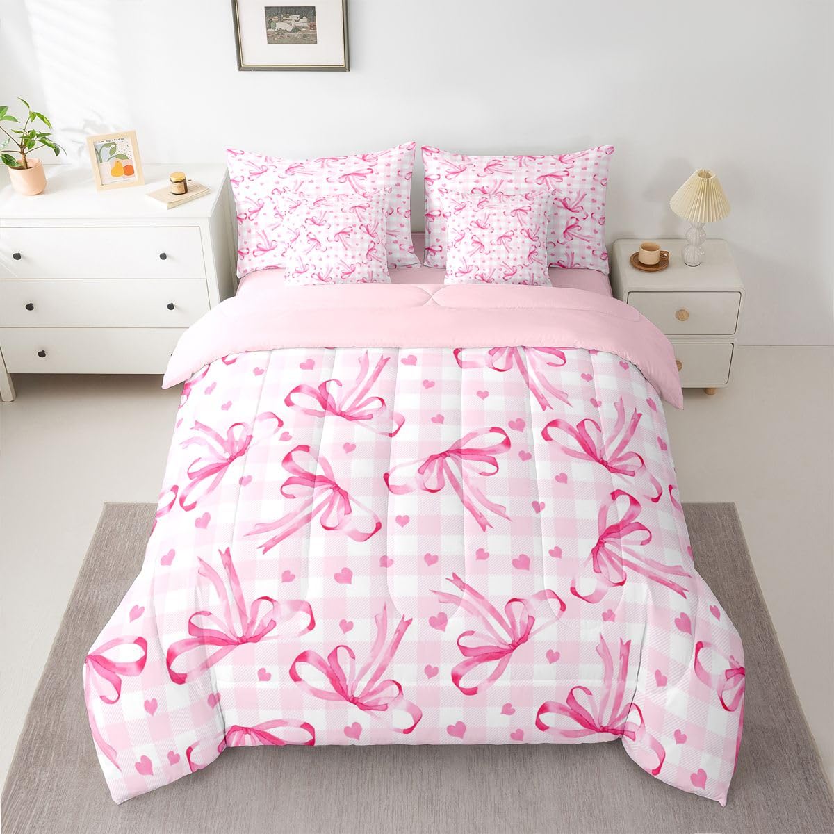 Erosebridal Pink Bow 7 Piece Comforter Set King Bowknot Ribbon Bedding Set for Girls Coquette Room Decor Plaid Grid Heart Pattern Bed in A Bag Bowtie Princess Soft Cozy Sheet Set with Comforter