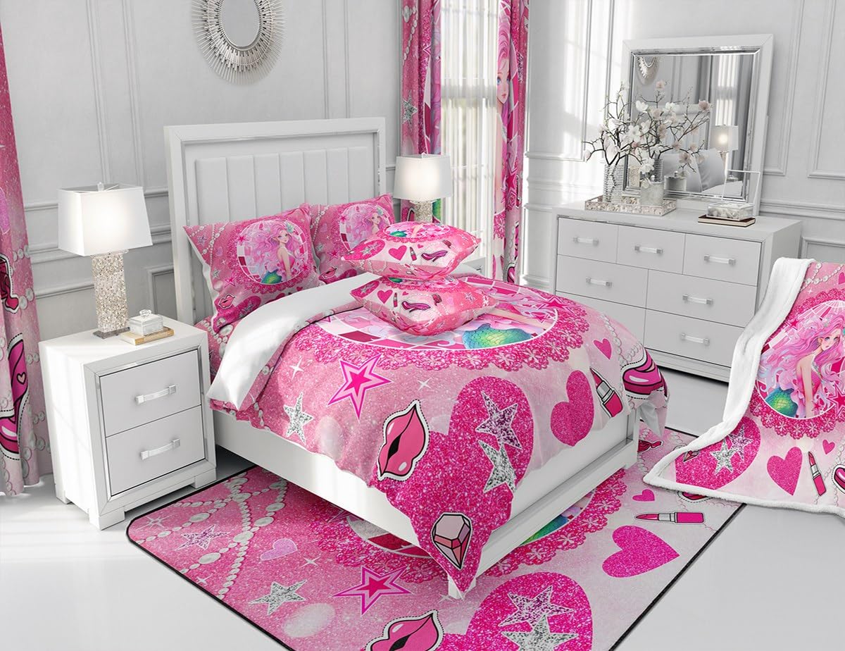 Mermaid Princess Kids Comforter Set Queen Size,High-Heeled Shoes Lip Bowknot Romantic Bedding Set,Girls Women Room Decor,Glitter Sequin Castle Down Comforter,Pink Dreamy Duvet Insert,2 Pillowcases