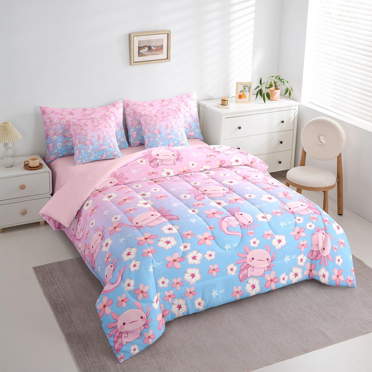Erosebridal Axolotl 7 Piece Bedding Set King Ombre Comforter Set with Sheets Cherry Blossoms Cartoon Salamander Bed in a Bag Kawaii Pink Blue Ombre for Kids Boys Girls