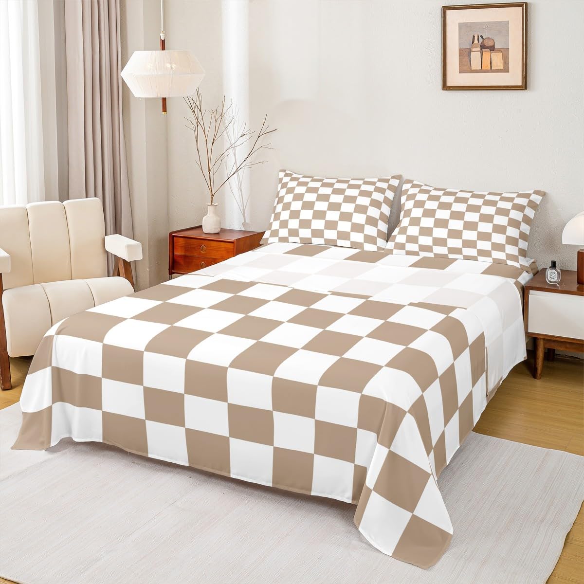 Feelyou Checkered Bed Sheets Sets Full Size Kids Boys Girls Brown Plaid Bedding Set Vintage Checkerboard Geometric Fitted Sheet with 16-Inch Deep Pockets Grey 4Pcs with 2 Pillow Cases