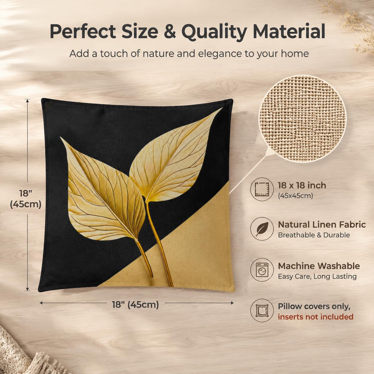 avpdupu Floral Pillow Covers 18x18 Inch Linen Set of 2 - Black and Gold Pattern Throw Pillow Covers for Sofa, Decorative Cushion Covers for Living Room and Outdoor Use