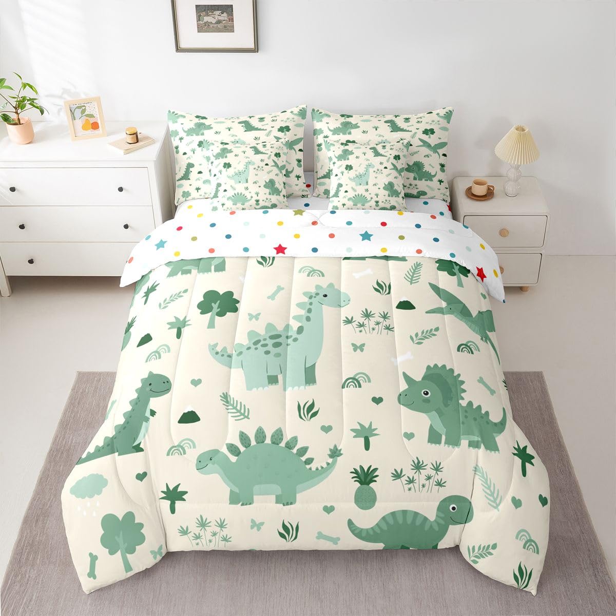 Feelyou Kids Cute Dinosaur Full Comforter Set with Sheets for Kids Boys Girls Boys Green Dinosaur 7 Pieces Bedding Set Cartoon Cute Animal Bed in a Bag Room Decor Soft Lightweight Microfiber