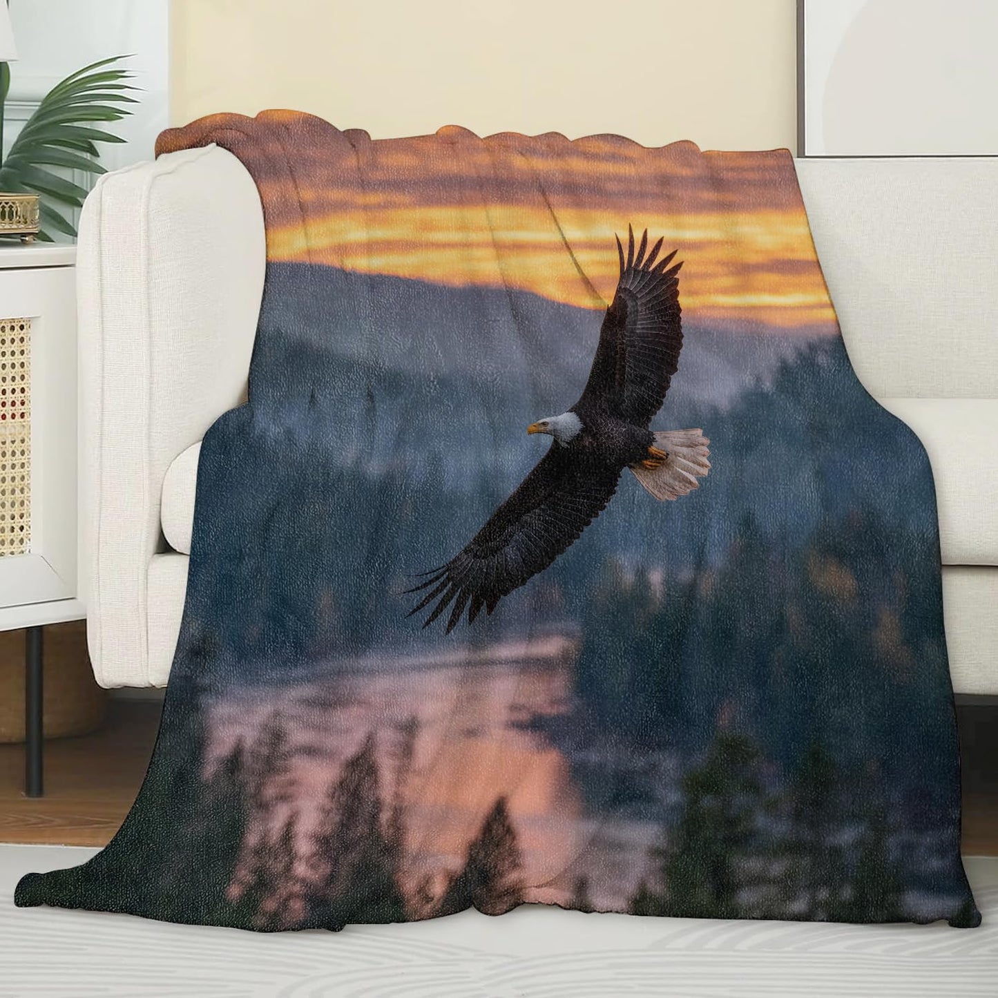 Zeleda Majestic Eagle Blanket 50x60 Inch Realistic Bird with Sunset and Forest Landscape Throw Soft Cozy Flannel Blankets Decorative Throws for Bed Cabin Picnic Thoughtful Gifts for Men Nature Lovers