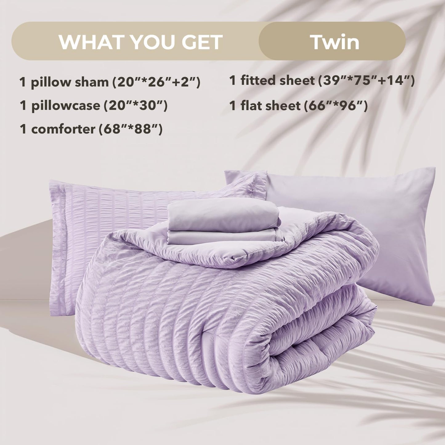 HYMOKEGE Lavender Twin Comforter Set Seersucker 5 Pieces, All Season Luxury Bed in a Bag for Bedroom, Bedding Set with Comforters, Sheets, Pillowcase & Shams