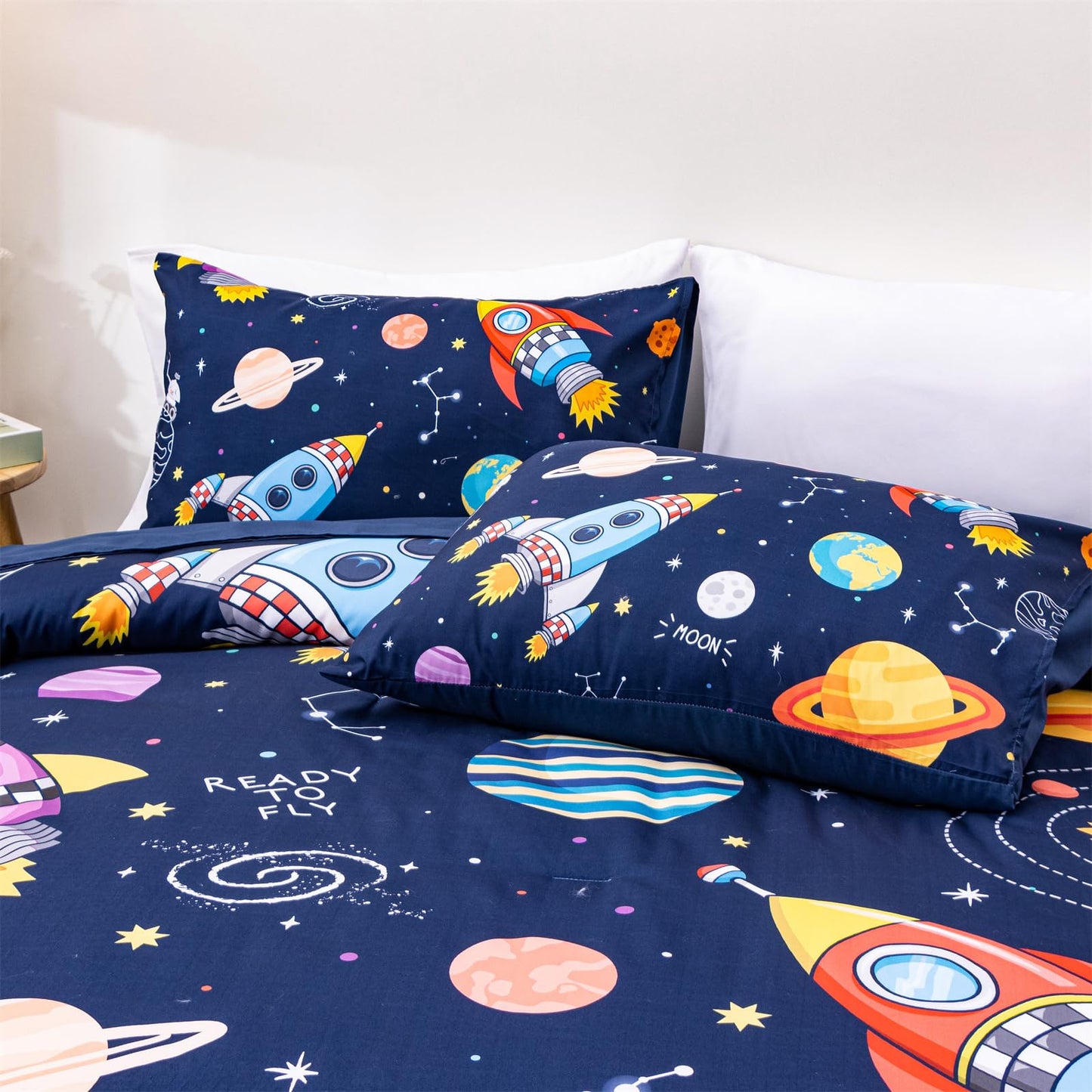Aimuan Space Comforter Twin Set Kids Rocket Bedding Set Super Soft & Cute Aliens UFO Printed for Boys Girls Teen (Navy, Full 5Pcs)