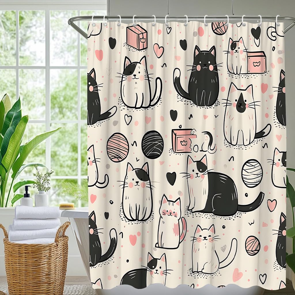 YOZSLGU Funny Abstract Cat Shower Curtain Cute Kitty Kitten Cartoon Fabric Bathroom Decor Curtains Set with Hooks, 70" Wx70 H