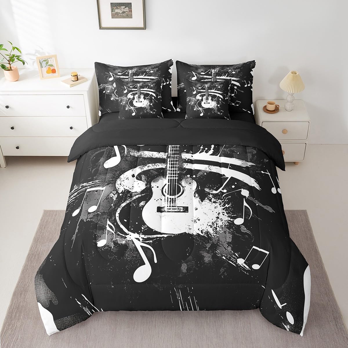 Feelyou Guitar Comforter Set with Sheets Queen Size Rock Music Bed in a Bag for Boys Girls Teens Black 7 Pieces Bedding Set Soft Lightweight Microfiber