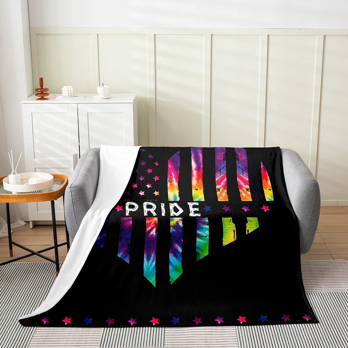 Erosebridal Watercolour Love Heart Blanket for Valentine Day,Gay Pride Throw Blanket for Couples,Rainbow American Flag Fleece Blanket,LGBT Pride Fuzzy Blanket Twin 60x80 Inch