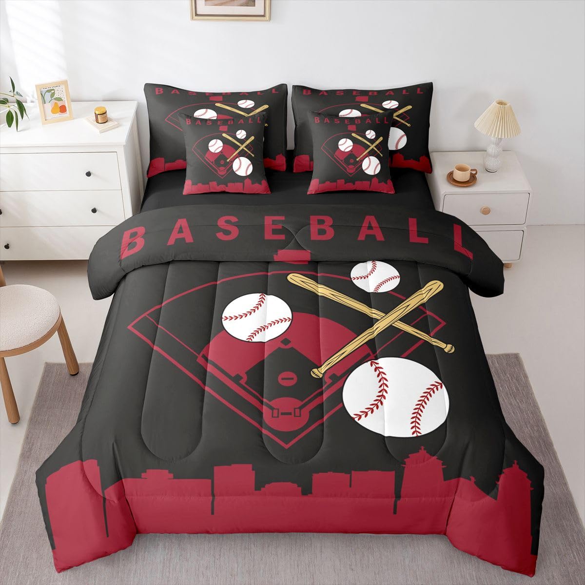 Erosebridal Baseball 7 Piece Bed in A Bag Full Size Softball Sports Boys Comforter Set Cover Baseball Bat Bedding Set for Kids Teens Adult Men City Building Black Red Sheet Sets