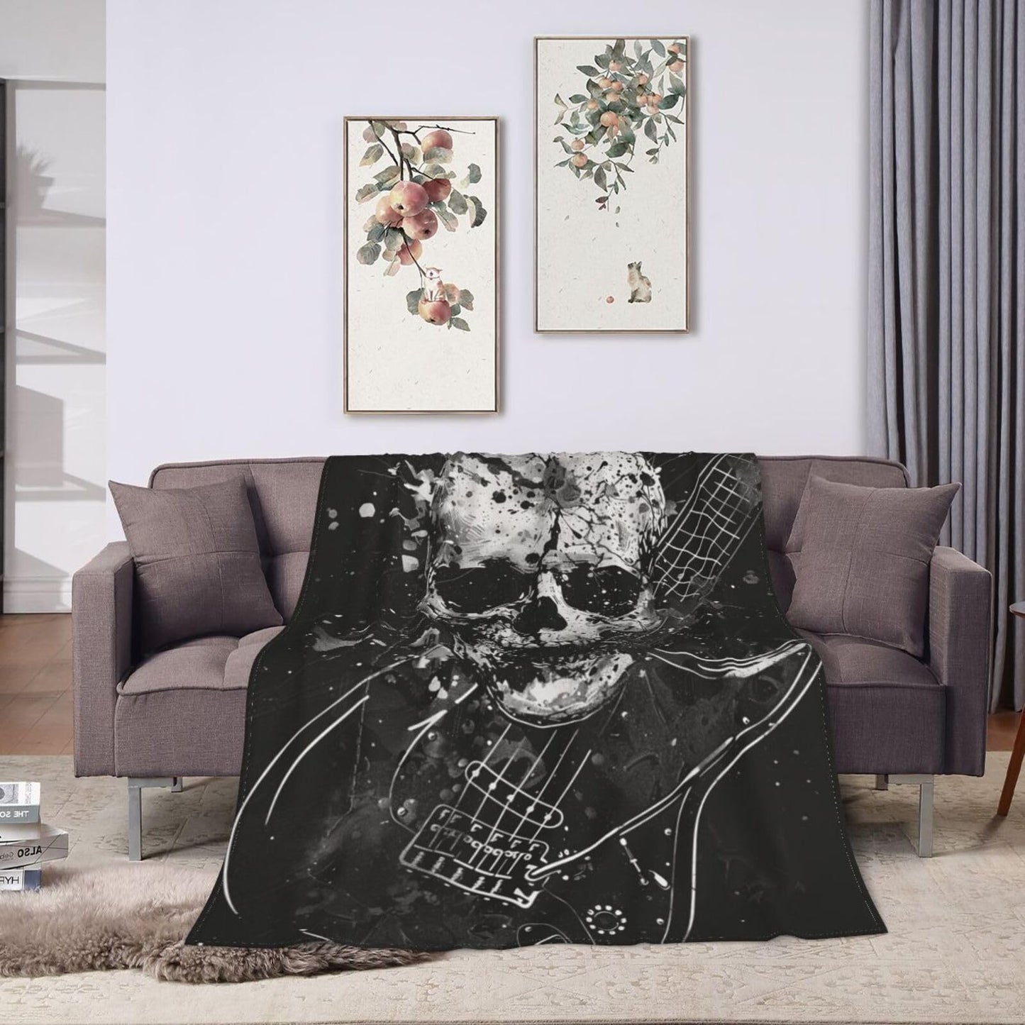 Qycazzw Rock Skull Guitar Blanket Gifts for Women Girls Kids, Gothic Heavy Metal Music Throw Blankets, Soft Cozy Flannel Throws for Sofa Couch Bedroom Decor 50x60in