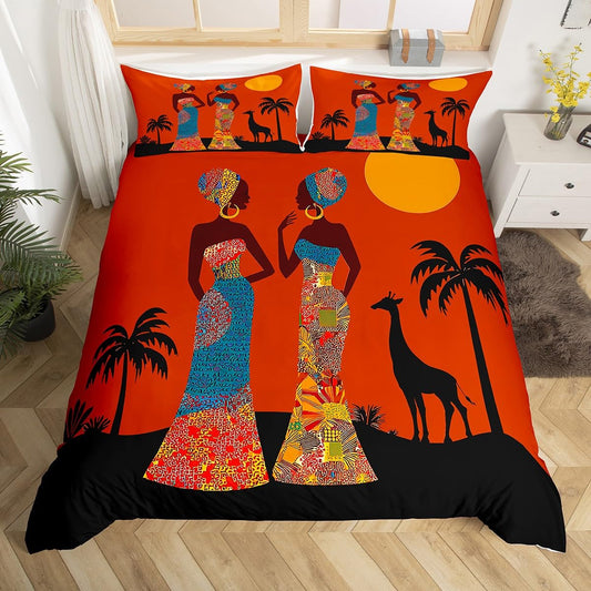 African Woman Themed Duvet Cover Brown African Pattern Bedding Set Ethnic Afro Giraffe Comforter Cover for Women Adults Room Decor Black Palm Tree Print Bedspread Cover Twin Size With 1 Pillow Case
