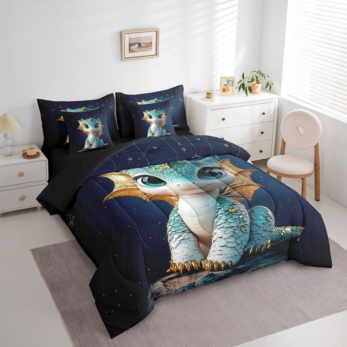 Feelyou Dragon Comforter Set with Sheets Twin Size Dragon Stuff Bed in a Bag for Boys Girls Teens Wild Life 7 Pieces Bedding Set Dragon Decor Bed Set Room Decor Navy Blue
