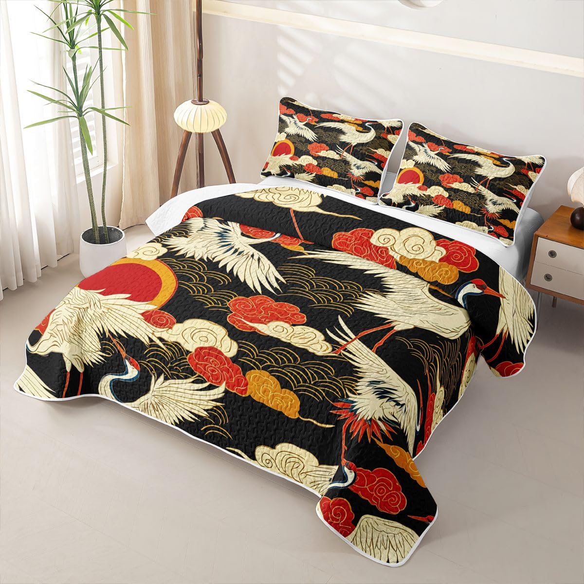 Erosebridal Gold Red Sun Quilts Twin Size - Black White Crane Bedspread Coverlet Set, Japanese Style Clouds Stripes Quilt Coverlets 2Pcs (Only 1 Pillowcase)