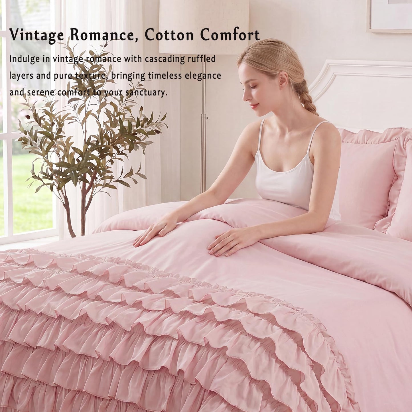 Bedorm 100% Cotton Duvet Cover Set King Pink Ruffle Bedding Set Multi-Layers Ruffled Design Shabby Chic Duvet Cover 3Pcs Soft Breathable Cotton Bed Set