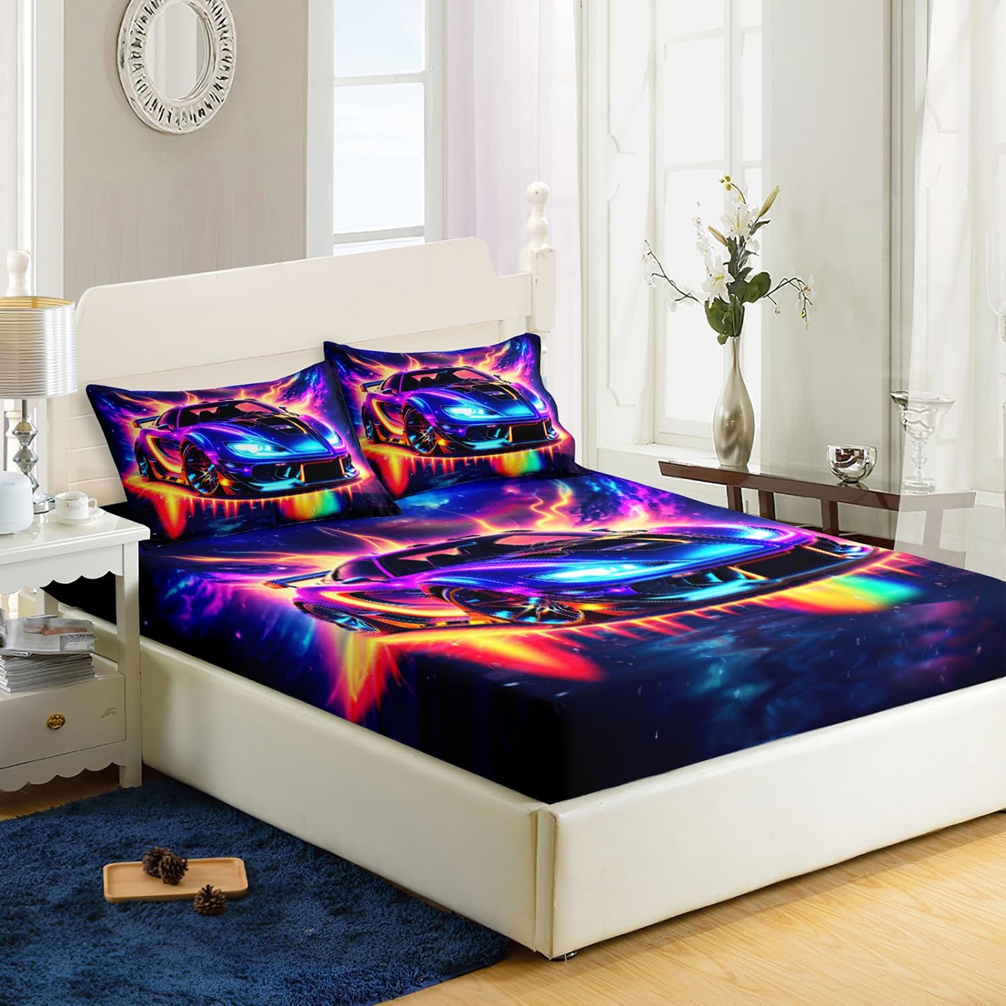 AILONEN 3D Gorgeous Racing Car Fitted Sheet Set Twin Size,Modern Race Car Bedding Set for Kids,Boys,Extreme Sports Theme Bed Sheet Set,Milky Way Bedsheets Set,1 Fitted Sheet 2 Pillowcases,3-Piece