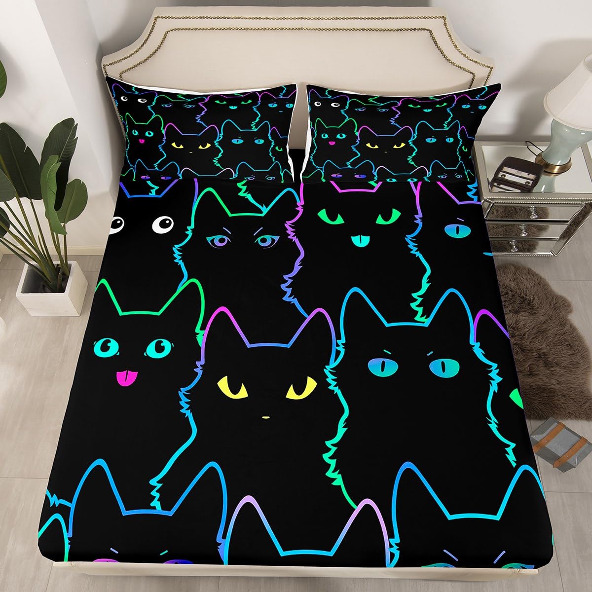 Erosebridal Cute Cartoon Cat Bed Sheets King Kawaii Cats Sheet Set Neon Gradient Animal Bedding Sheets for Kids Boys Girls Teen Lovely Kitten Fitted Sheet + Black Flat Sheet + 2 Pillow Cases
