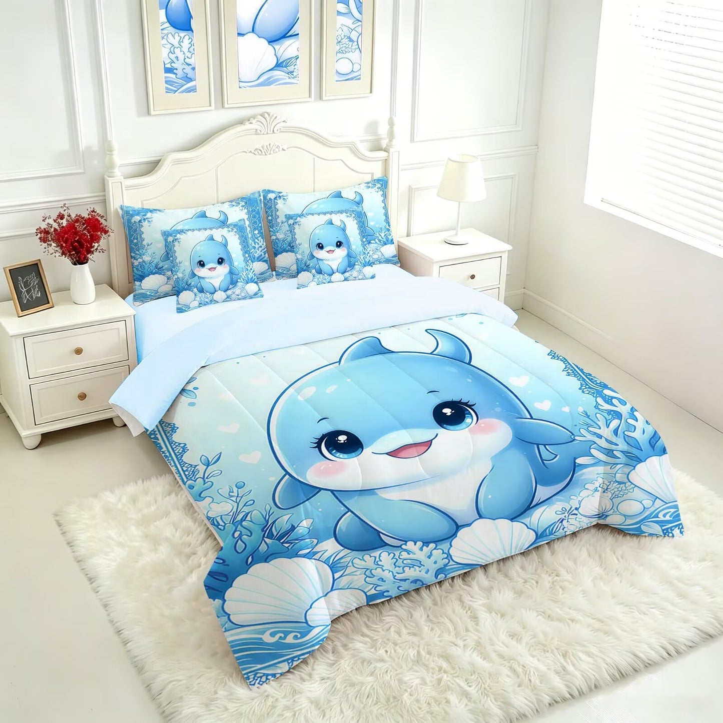 FUYEUN Dolphin King Comforter Set with Sheets for Kids Boys Girls Print 7 Pieces Cute Bedding Set Blue Cartoon Animal Bed in a Bag Princess Room Decor