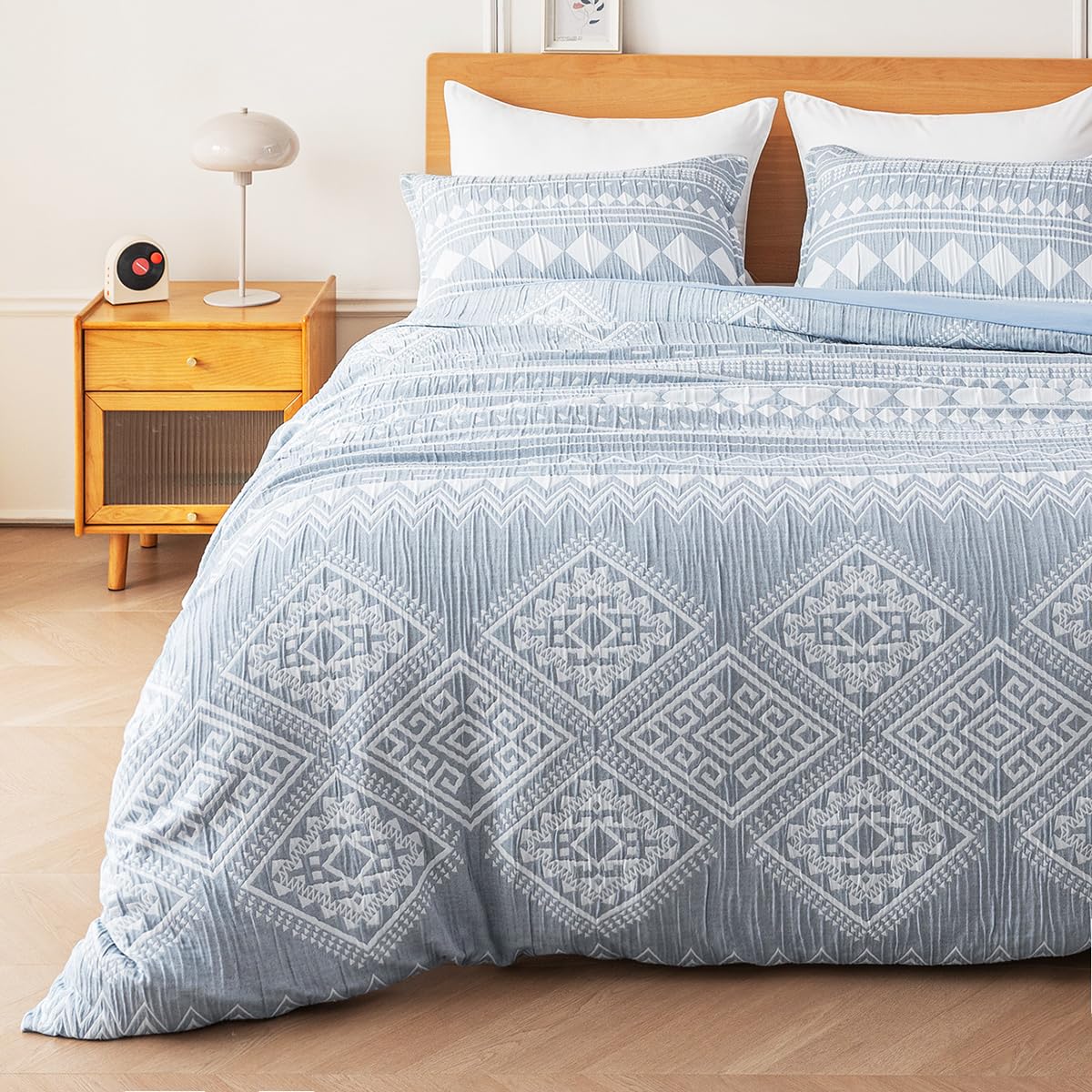SLEEP ZONE Duvet Cover Set Queen, Luxury Jacquard Boho Rhombus Soft and Breathable 3 Pcs Comfy Bedding Set Duvet Cover with Zipper Closure and 2 Pillow Shams, Blue