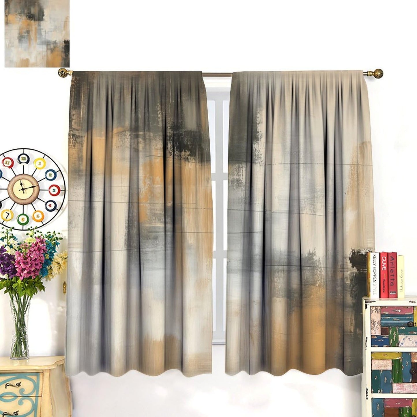 Abstract Beige Gray Taupe Curtains, Rod Pocket Black Tan Neutral Art Painting Modern Window Drapes for Living Room Bedroom, 20.5" W x 44.5" L, 2 Panels （No Blackout）