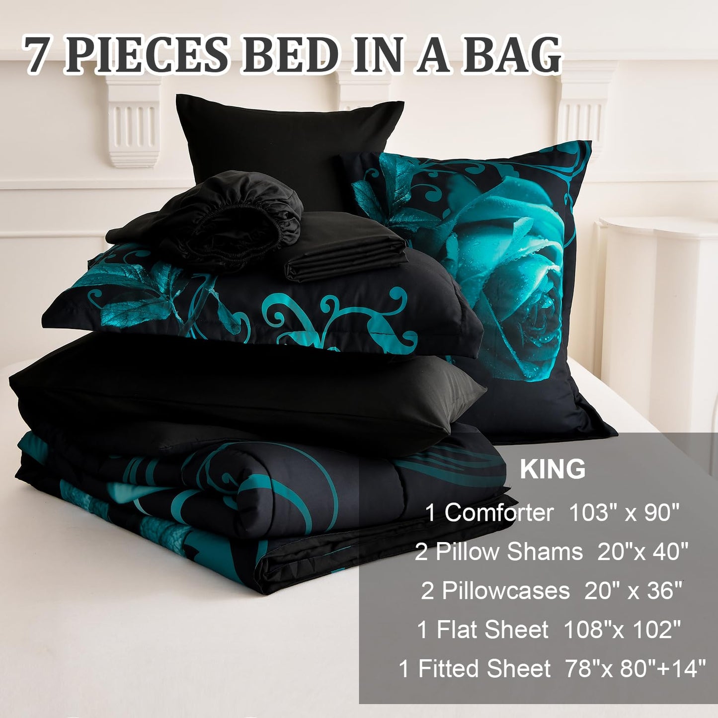 WONGS BEDDING Teal Green Comforter Set King, Reversible Rose 7 Pieces Bed in a Bag, Lightweight Soft Microfiber Bedding Sets with Flat Sheet, Fitted Sheet, Pillowcases & Shams