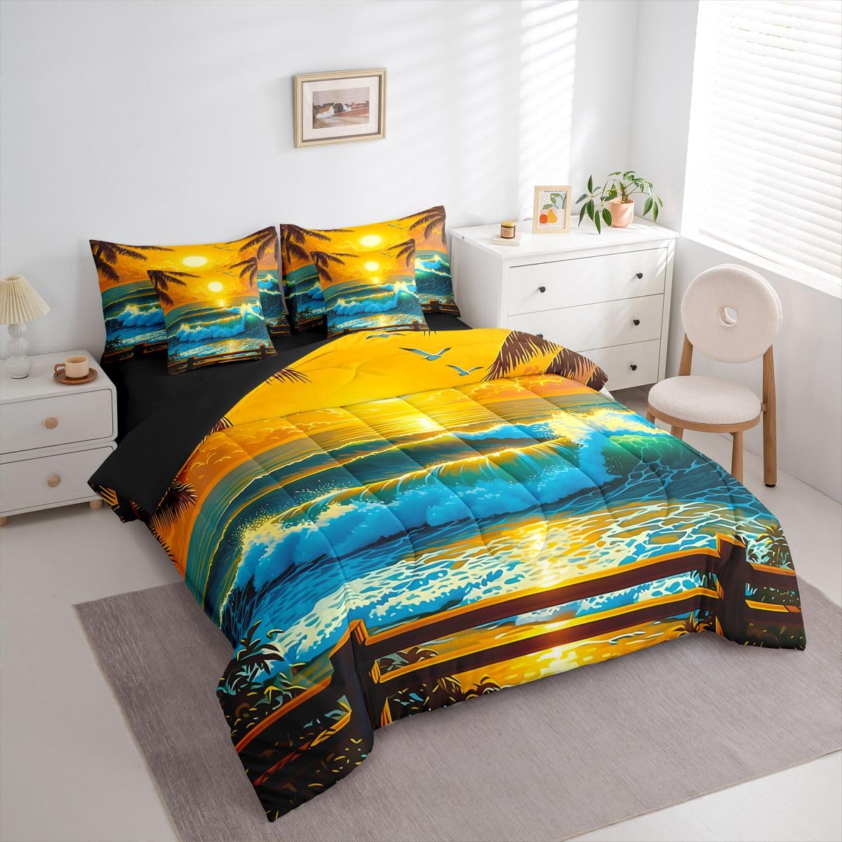Erosebridal Tropical Sunset Queen Bedding Set Summer Palm Tree Comforter Set Kids Teens Adults Vibrant Sunlight Ocean Wave 7-Piece Bed in a Bag Seagull Beach Travel Quilt Sets
