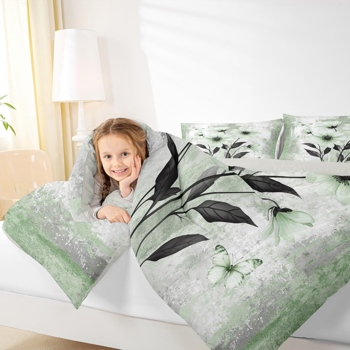 Erosebridal Watercolor Daisy Floral Queen Comforter Set Abstract Oil Painting Bedding Set Rustic Farmhouse Bed Set Green White Flowers Quilt Set