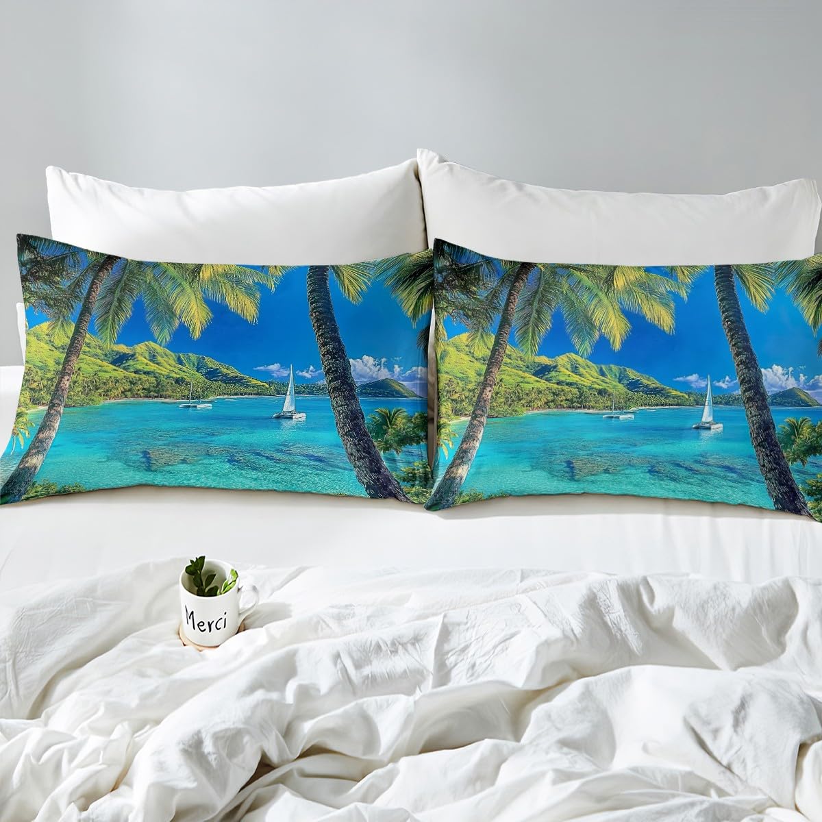 jejeloiu Beach Theme Fitted Sheet Full Size Kids Palm Leaf Bed Sheets Set for Boys Girls Teens Sailboat Summer Sea Ocean Wave Natural Scenery Bedding Set Room Decor