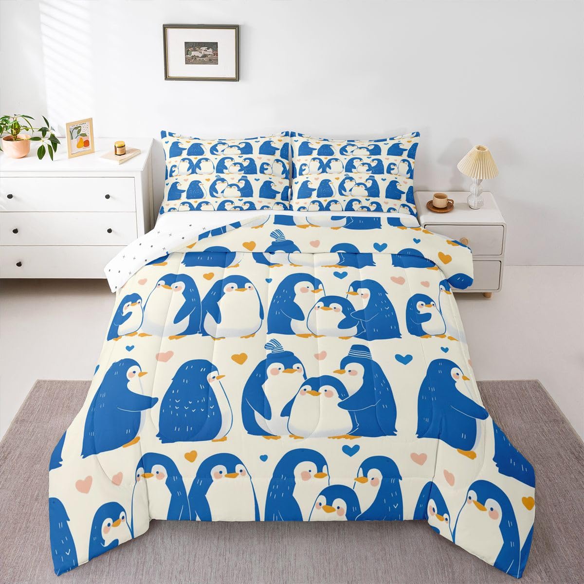 Erosebridal Kawaii Penguin Bedding Set Queen Blue Cute Penguins Comforter Set for Kids Boys Girls Antarctic Wild Animal Print Down Comforter,Yellow Love Heart Pattern Quilt Duvet