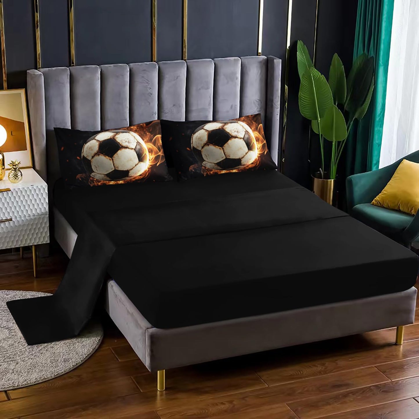 XYNHML Soccer Print Comforter 7Pcs Gaming Sport Flame Soccer Bedding Set for Kid Teen Girl Boy Adult Sports White Black Football Quilt Bed Set Twin with 2 Sheets,2 Pillowcases,2 Throw Pillow Covers