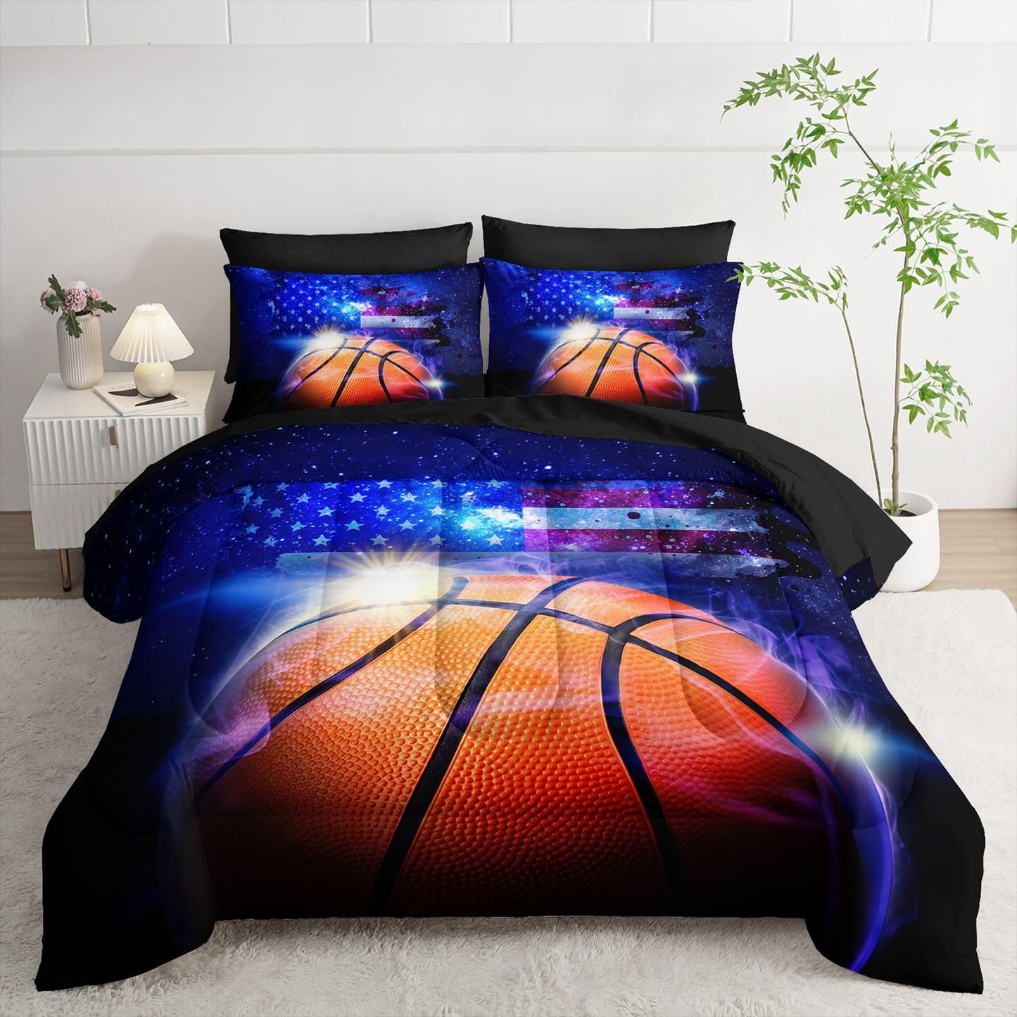 Smell Sunshine 7pcs Sports Comforter Set 3D Basketball Printed Bedding Set with 1 Comforter, 1 Flat Sheet, 1 Fitted Sheet and 4 Pillowcases for Boys and Girls Bedroom (Basketball Twin
