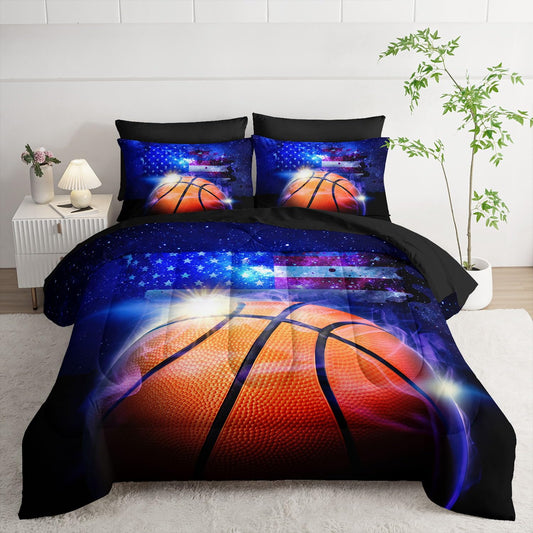 Smell Sunshine 7pcs Sports Comforter Set 3D Basketball Printed Bedding Set with 1 Comforter, 1 Flat Sheet, 1 Fitted Sheet and 4 Pillowcases for Boys and Girls Bedroom (Basketball Twin