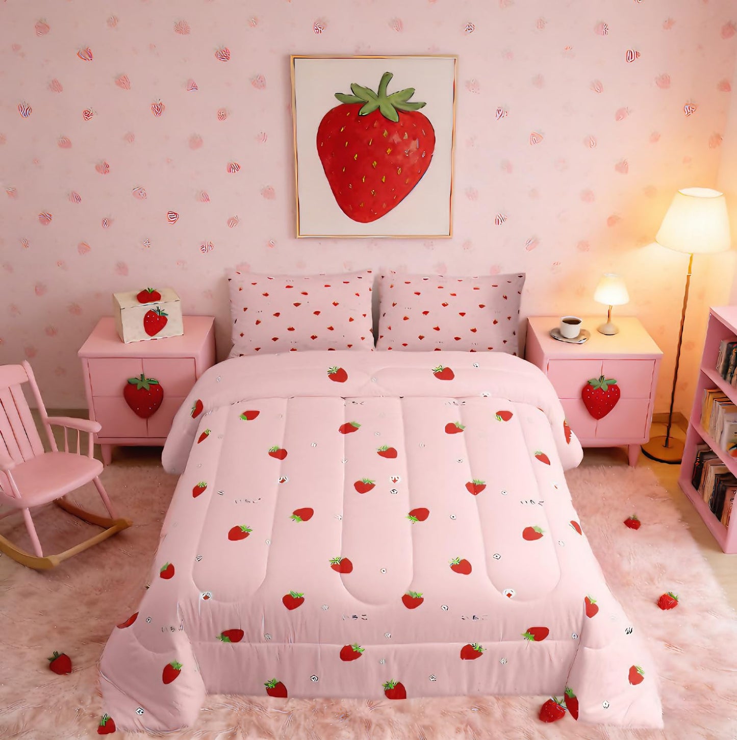 Erosebridal Cute Strawberry Comforter Set Queen Kawaii Japanese Bedding Set, Red Reversible Soft Sweet Cartoon Fruit Duvet Set for Girls Kids Gift Pink Warm Down Comforter Room Decor