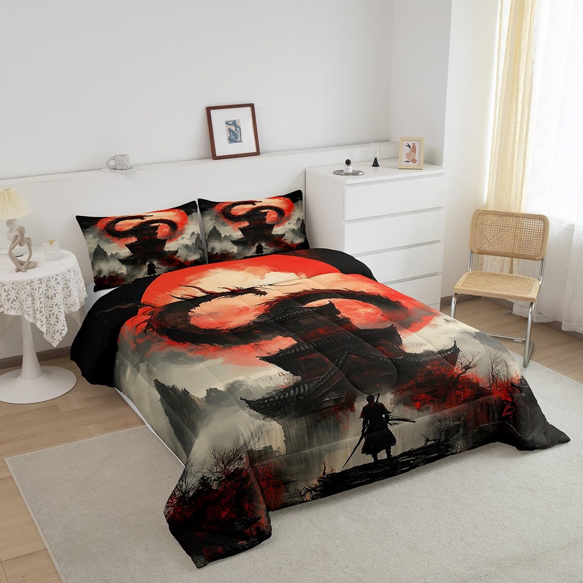 jejeloiu Dragon Comforter Set Japanese Style Samurai Bedding Set Full Size for Kids Boys Girls Teens Anime Sunset Duvet Set with 2 Pillow Case Moon Japan Comforter