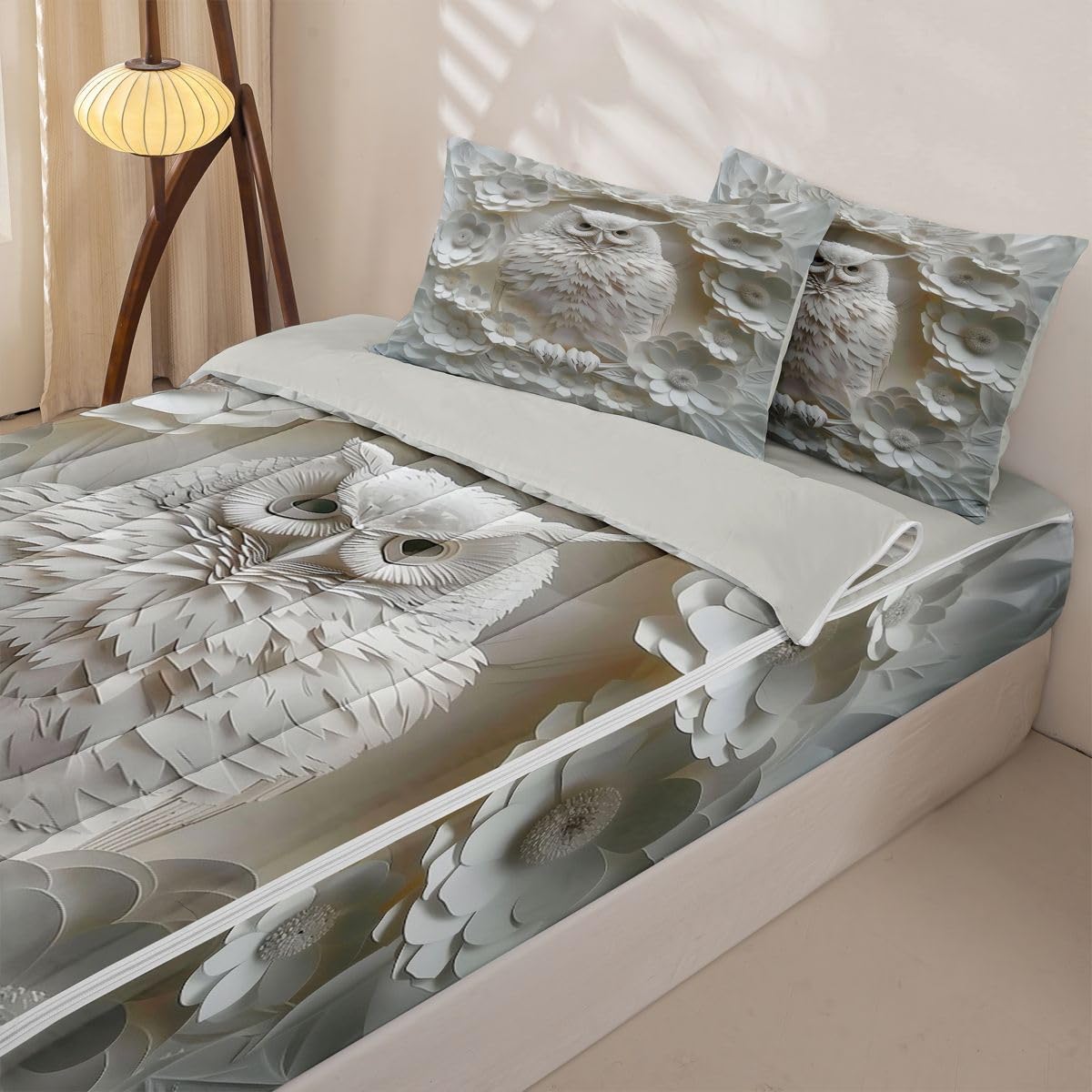 Erosebridal Owl Zip Up Comforter Set 3D Paper Art Twin Zipper Bedding Wild Animal Floral Bed Set with Sheets Aesthetic Boho Bed in a Bag Bedroom Decor