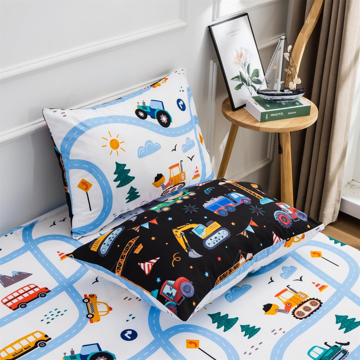 Holawakaka Trucks Tractors Cars Boy Bedding Comforter Set with Sheets, Twin Size Cartoon Construction Car Excavator Print Kids Bed in A Bag 5-Piece, Boys Reversible Dorm Bed Sets (Black Twin)