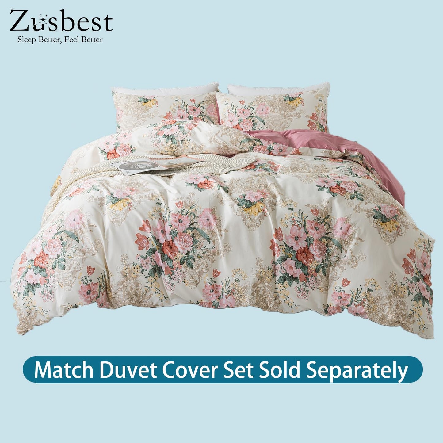 Zusbest- Queen Sheets, Soft 100% Cotton Pink & Cream Floral Bed Sheets,Shabby Vintage Chic Peony Flower Printed Sheets, Breathable Luxury Bedding 4 Piece Deep Pocket Sheets