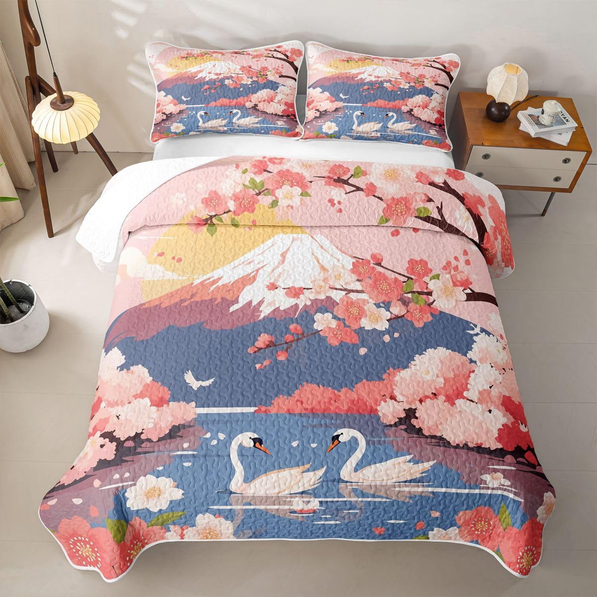 Erosebridal Pink Japanese Quilt Twin Size - Japanese Cherry Blossom Bedspread Mount Fuji White Crane Bed Coverlet with 1 Pillowcase