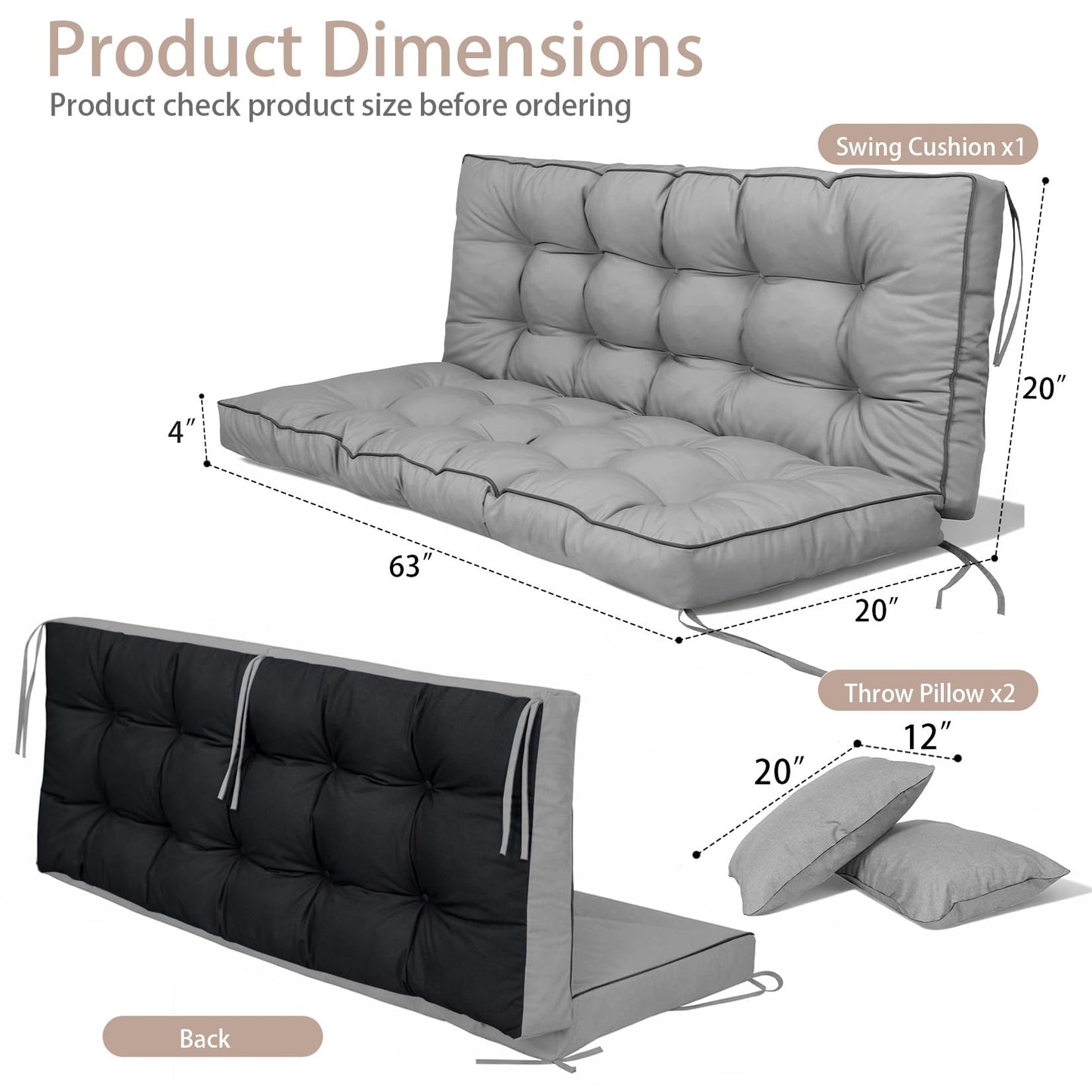 Kerkrot Porch Swing Cushions, Waterproof & Fade Resistant Outdoor Swing Cushion 63 Inch, Swing Cushions 3 Seater Replacement for Outdoor Furniture, Patio, Garden (Light Gray, 63 x 40 inch)
