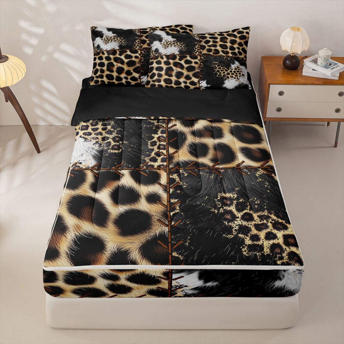 Feelyou Cow Fur Zipper Bedding Sets Kids Leopard Print Queen Comforter Set with Fitted Sheet Boys Girls Decor Western Farm Animal Skin Comforter Plaid Grid Black Yellow Bed in A Bag