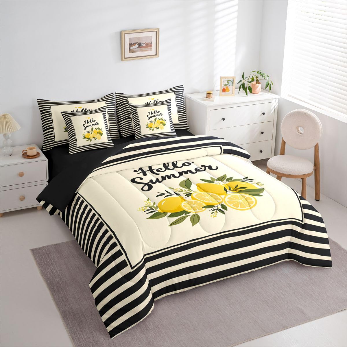 Erosebridal Hello Summer Queen Bedding Set Trendy Geometric Stripes Comforter Set with Flat and Fitted Sheet Kids Adults Refreshing Lemon 7-Piece Bed in a Bag Yellow Black Fruit Art Quilt Sets