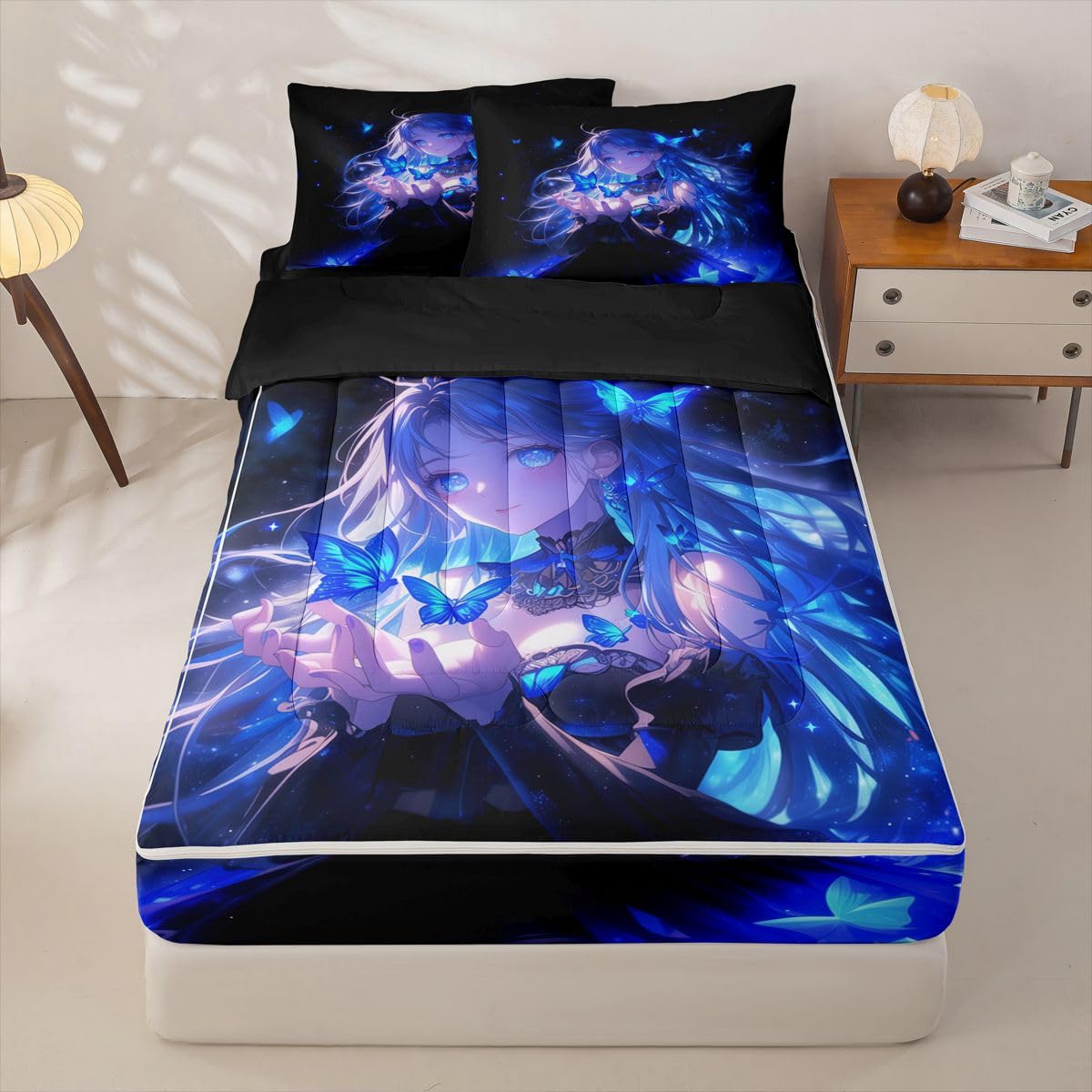 Erosebridal Japanese Girl Zipper Bedding Twin Size, Anime Gifts Kids Comforter Set - Butterfly Decorations Zip Up Comforter Bed in A Bag