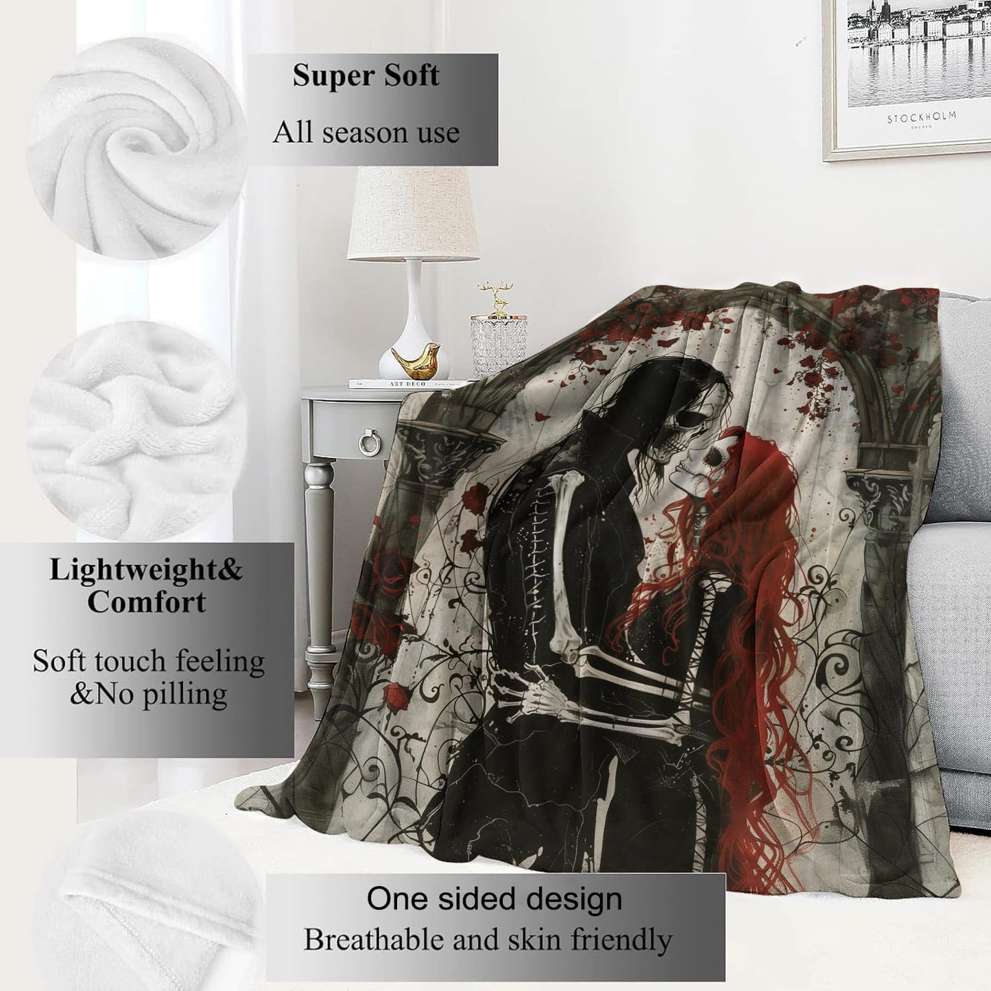 VODRM Gothic Romance Skull Lovers Blanket,Red Rose Skeleton Throw Blankets,Gifts for Women Men, Lightweight Soft Fleece Cozy,for Sofa Couch Bed Room Travel,Festival Halloween Goth Decor,50x60in