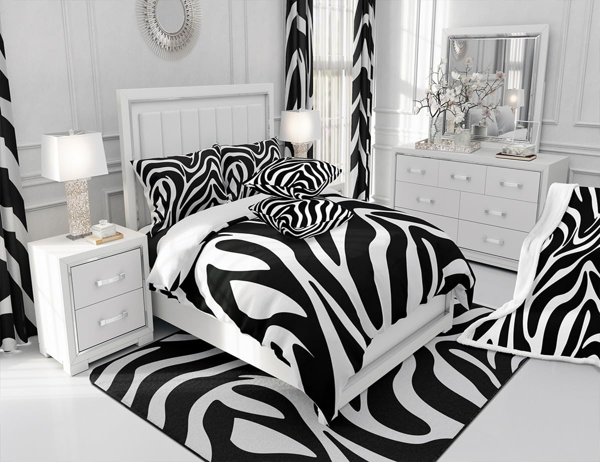 Zebra Stripe Comforter Set Queen Size,Wild Animal Skin Fur Printed Bedding Set for Kids Boys Girls Room Decor,Black White Geometric Striped Duvet Insert 3Pcs,Soft Microfiber Quilt Set,2 Pillowcases